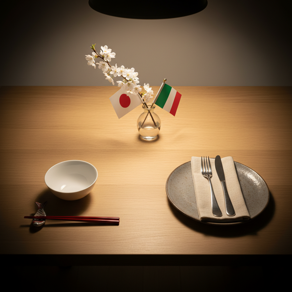 On a tidy, light-wood dining table, two neatly arranged place settings face each other, each with distinct cultural elements: one has lacquered chopsticks resting on a ceramic holder and a simple porcelain bowl, while the other features a stainless steel fork and knife with a textured linen napkin and a stoneware plate. Between them sits a small vase with a single white flower and a tiny flag from each country crossed delicately. Warm pendant lighting above creates a soft pool of light, leaving the edges of the frame slightly darker for a vignette effect. Photographic realism, slightly elevated angle, balanced composition, warm and inviting mood that subtly expresses the blending of cultures in an international relationship without using any human figures.
