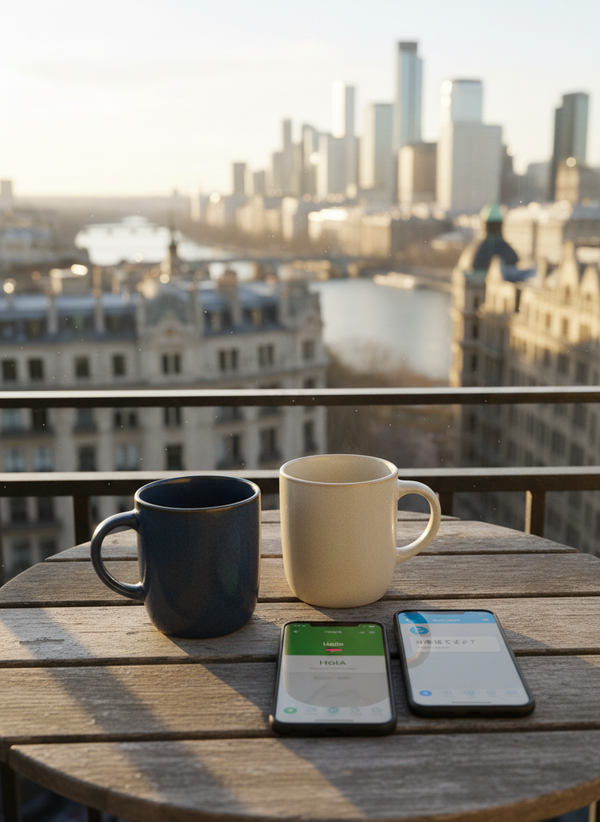 Two ceramic coffee mugs, one a muted navy blue and the other a warm ivory, rest close together on a small balcony table made of weathered wood. Beside them lie two smartphones, each displaying different language apps and translation screens, their glass surfaces catching subtle reflections. In the background, an out-of-focus urban skyline blends old and new architecture, hinting at different cultures. Early evening golden hour light bathes the scene, creating a gentle, intimate glow and long, soft shadows. Photographic realism, shot from a slightly elevated angle using the rule of thirds, with a cozy, hopeful atmosphere that evokes the quiet everyday reality of an international relationship without showing any people.