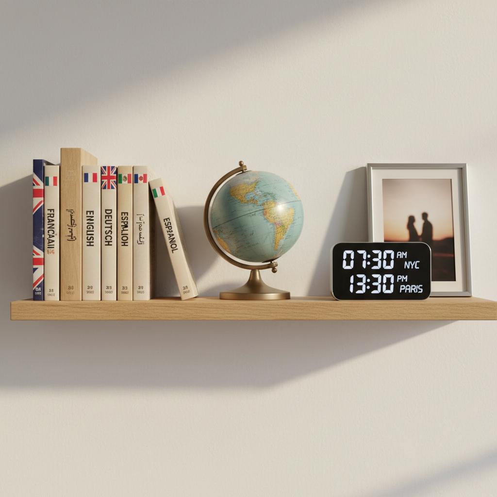 A minimalist, modern wooden shelf against a soft white wall, lined with neatly arranged books whose spines display various languages and flags. A small globe with a slightly worn, matte finish sits beside a digital alarm clock showing two different time zones side by side. Nearby, a simple picture frame holds an abstract blurred photo, deliberately indistinct, symbolizing a distant partner. Soft morning light filters across the scene from the left, casting gentle, elongated shadows and subtle highlights on the globe. Photographic realism, clean and uncluttered composition at eye-level, with a calm, professional atmosphere and a slight depth-of-field blur to suggest focus on the challenges and beauty of time differences in international romance.