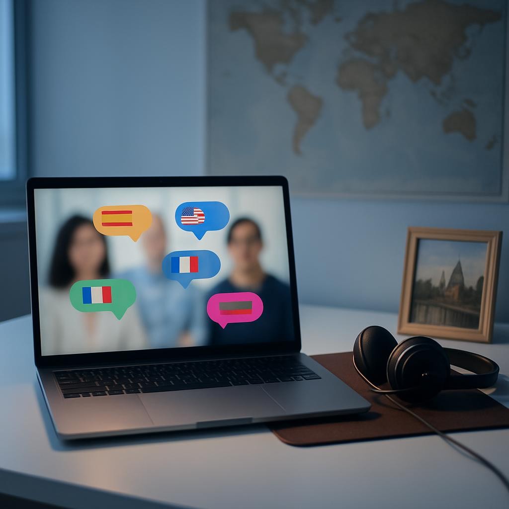 A sleek, open laptop on a clean white desk shows a video call interface blurred just enough to hide any faces, with colorful speech bubbles and small flag icons overlaid on the screen design. Next to it, a noise-cancelling headset rests on a leather desk pad, and a small framed postcard from a foreign city leans against the wall. In the background, a large world map print hangs in soft focus. Cool evening light from a nearby window mixes with the gentle glow of the laptop screen, creating a balanced, professional atmosphere. Photographic realism, straight-on composition with shallow depth of field, conveying the everyday digital reality of long-distance, cross-cultural communication.